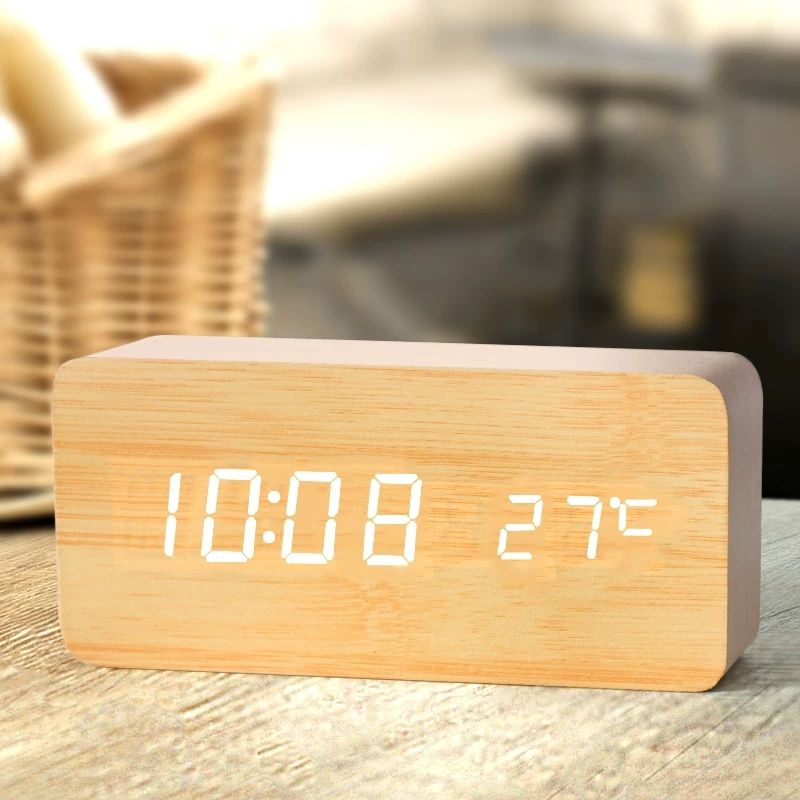 Led Desk Clock - Despertador digital de madeira, despertador LED