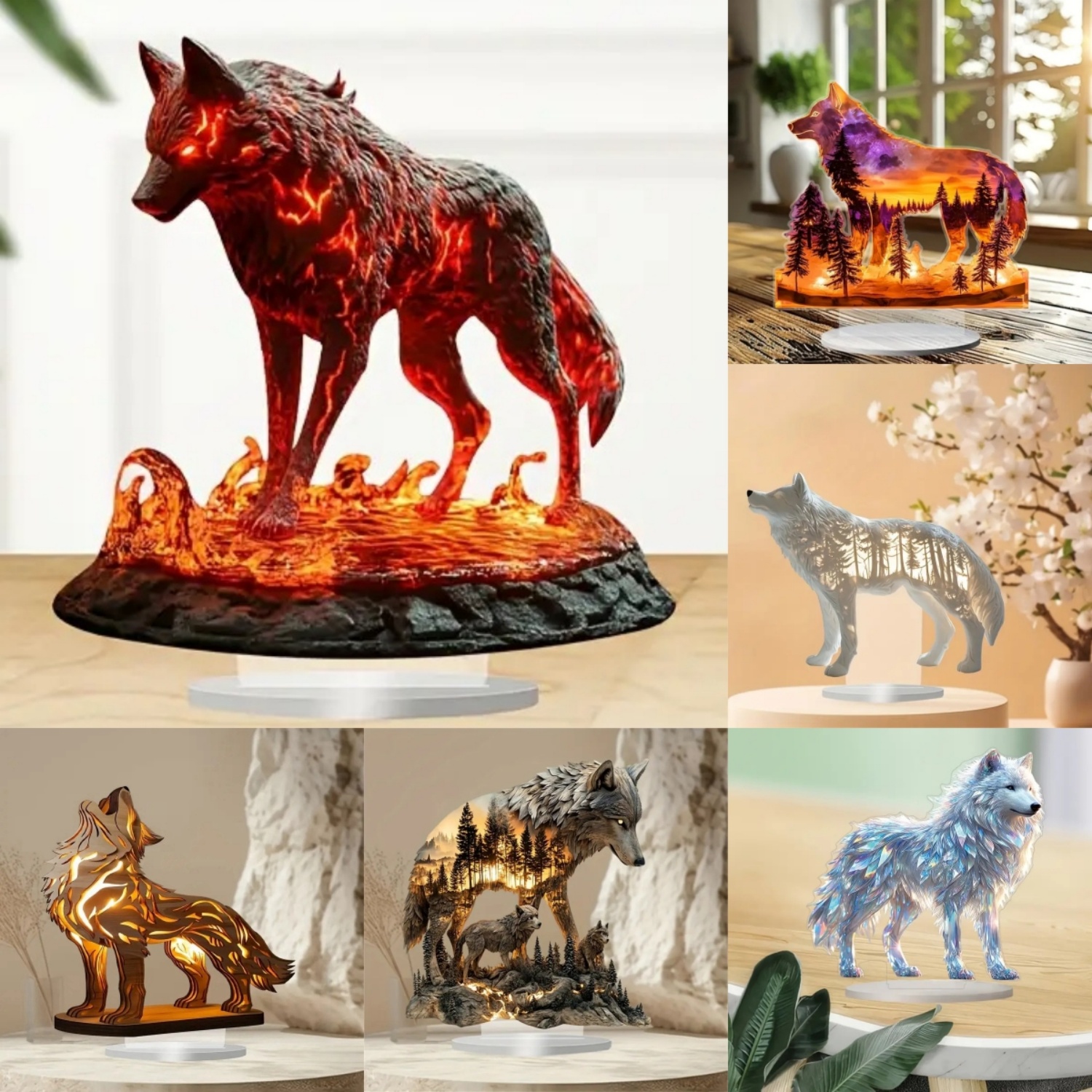 Office Table Home - Estátua de lobo chama, estatueta acrílica