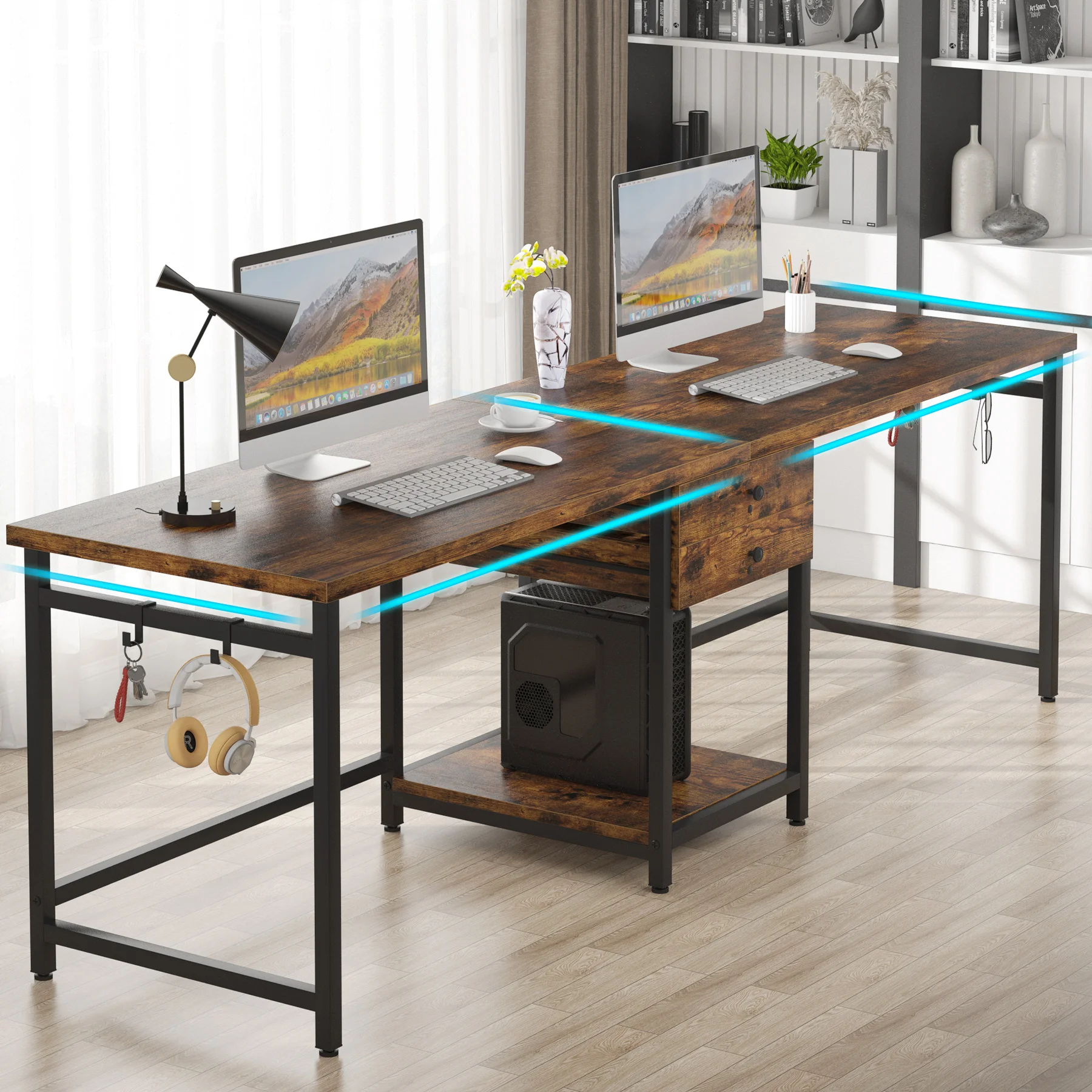 Mesa Gaming com Prateleiras, 2 - Home Office With Two Desks avaliação e preço